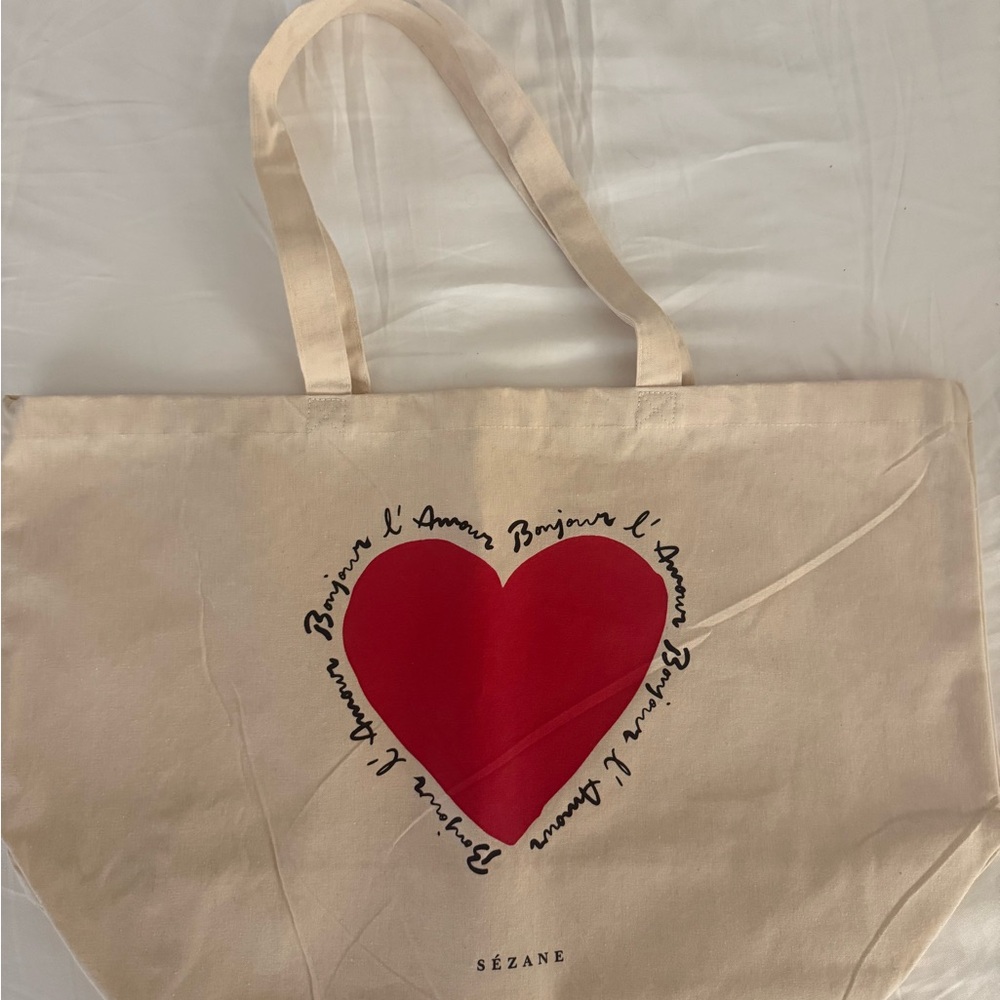 New SEZANE Cream Tote Bag with Red Heart